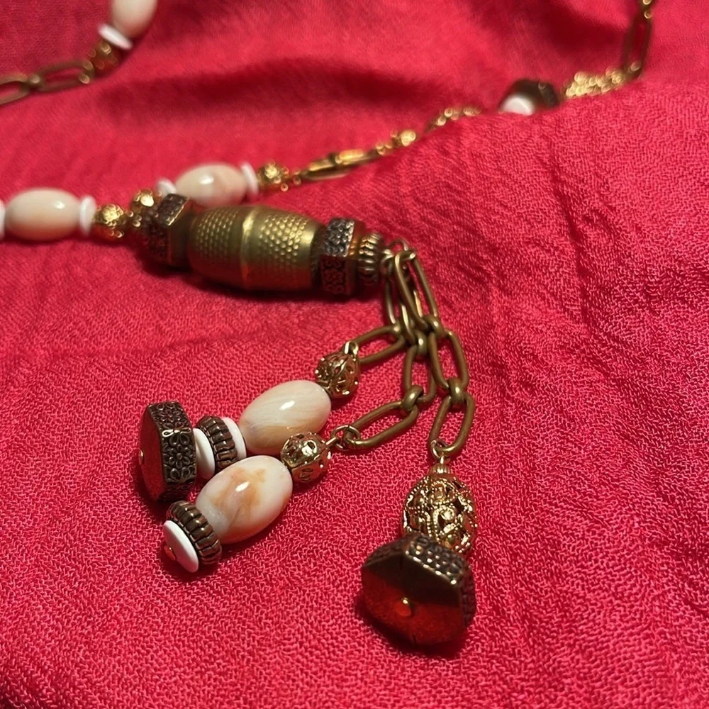 1928 Necklace Gold Tone with Filigree and Solid Beads